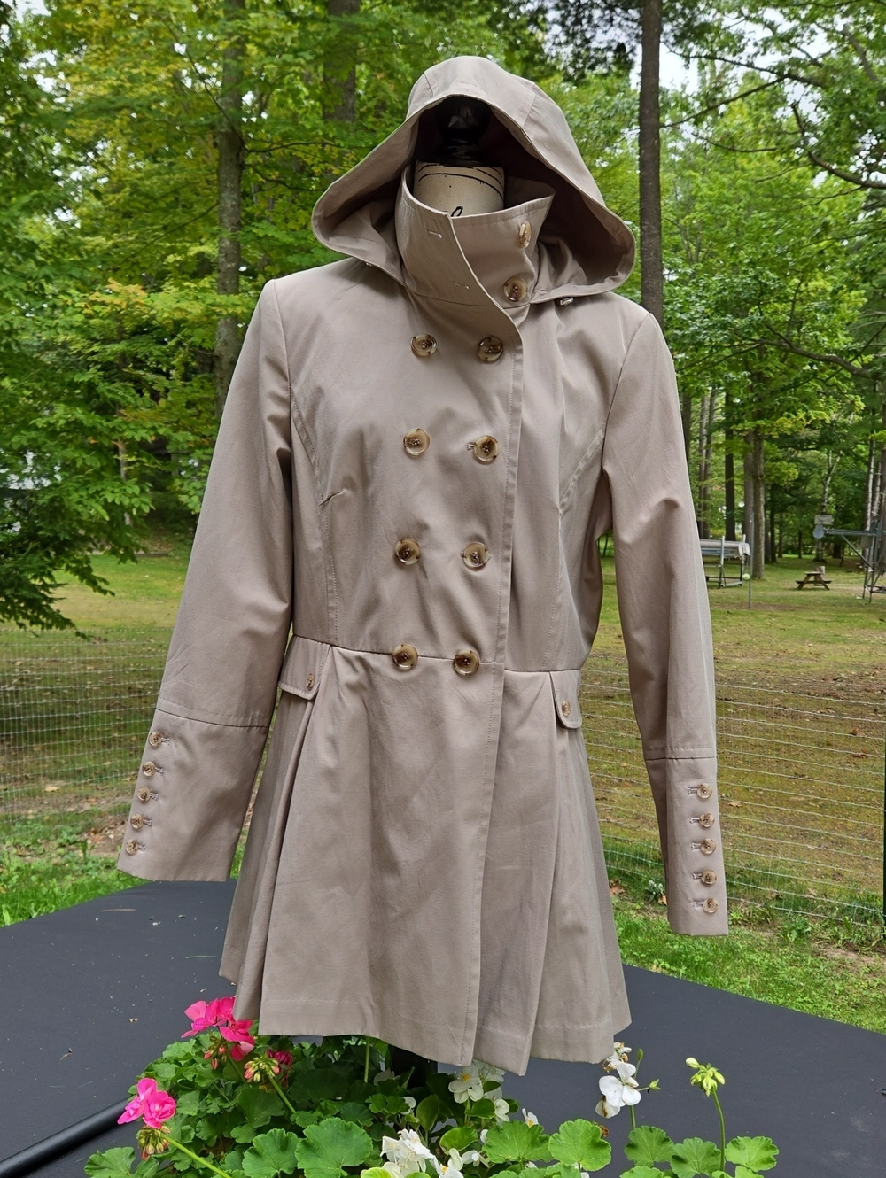 Calvin Klein Taupe Hooded Double-Breasted Trench Coat